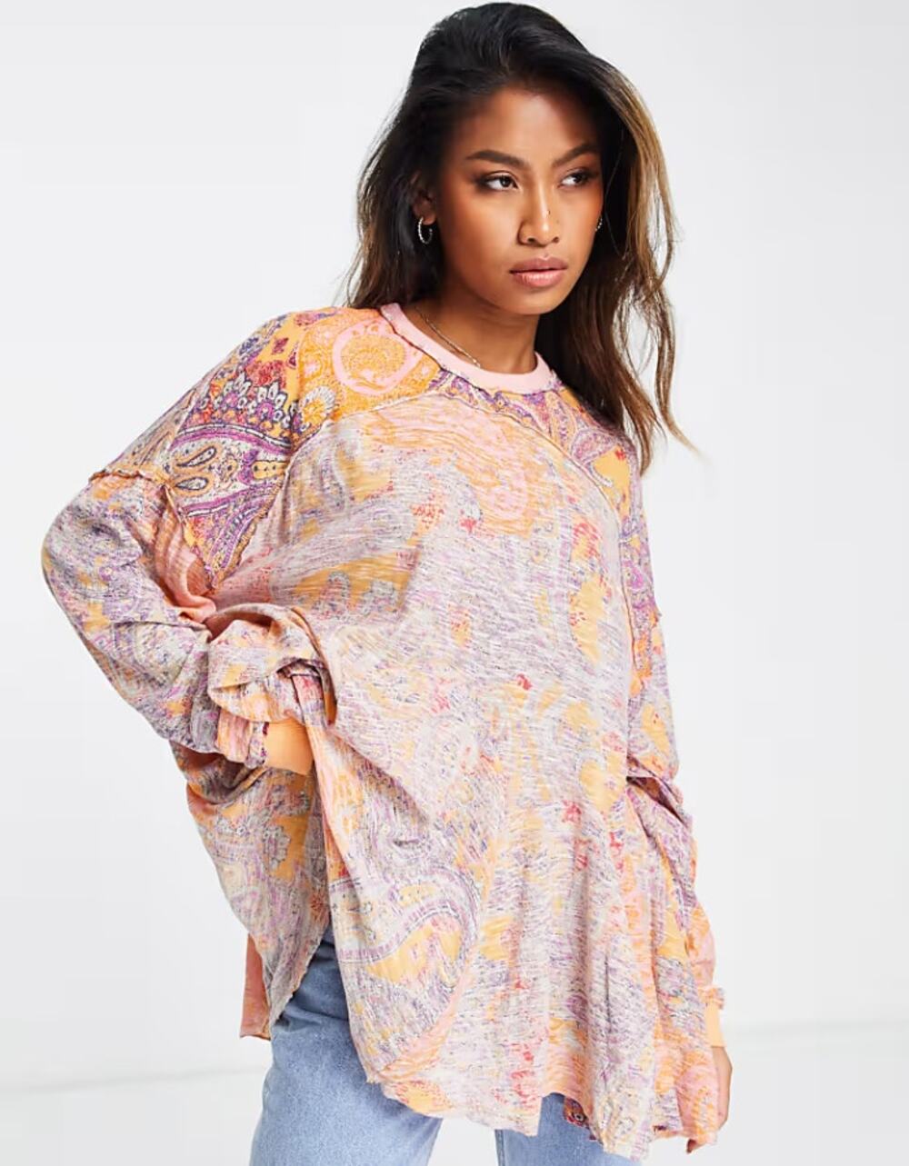 Free People Orange Pink Paisley Oversized Loungewear Long Sleeve Shirt Medium